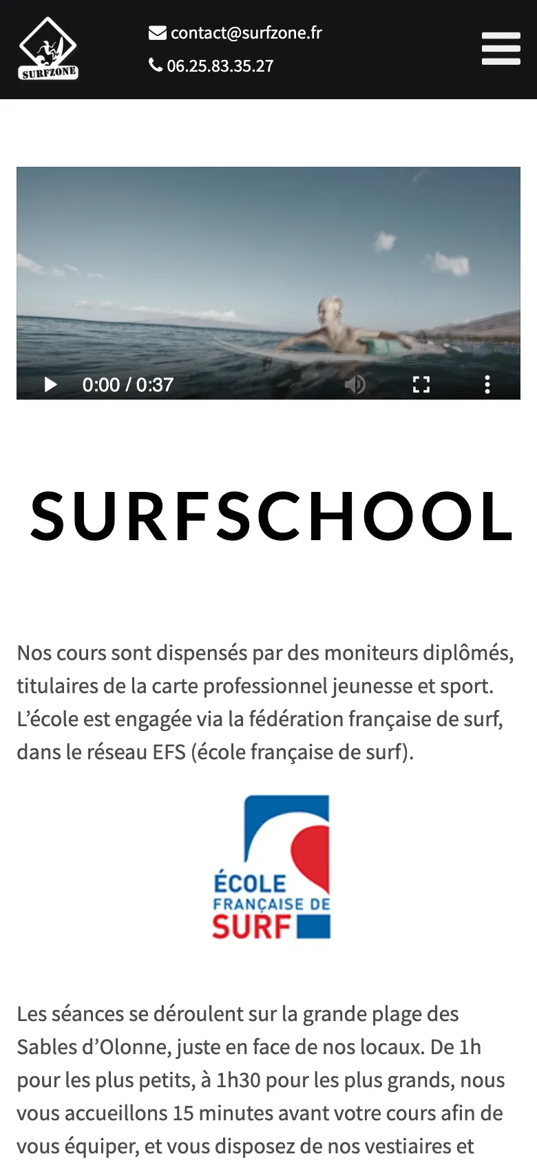 Capture mobile du site actuel : une vidéo et le mot SURFSCHOOL, sans bouton de réservation